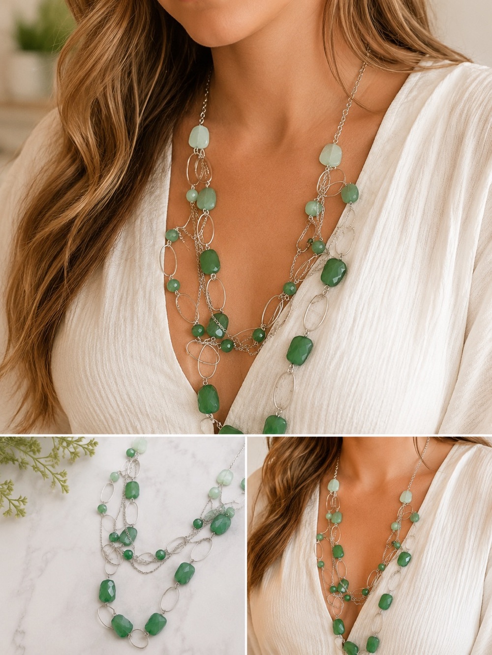 Elegant Green Beaded Multi-Strand Necklace - Women Jewelry